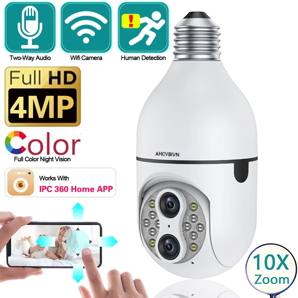 10X Digital Zoom Dual Lens E27 Bulb Surveillance Camera WIFI Auto Tracking PTZ IP Camera Color Night Vision IP Security CCTV