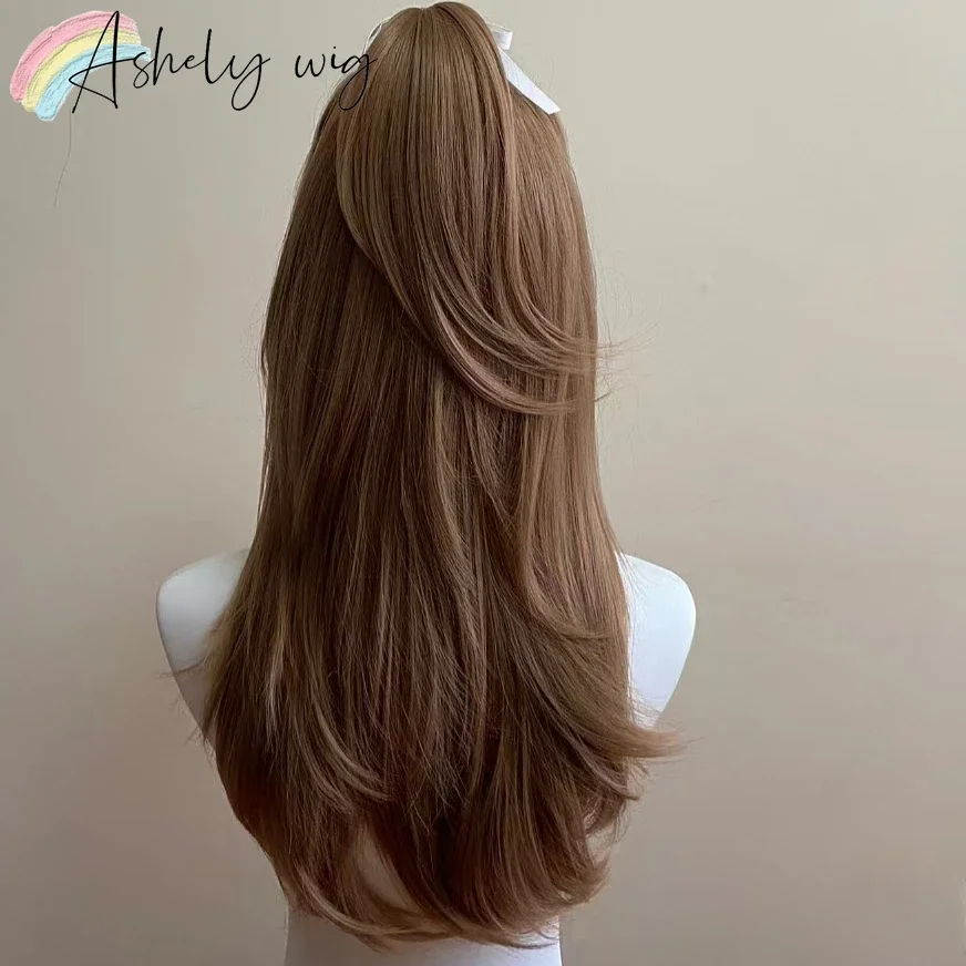 Light Brown Wig Female Headband Body Honey Brown Wavy Rose Hair Net Models in French Bangs High Level Simulation Hair Wig 가발