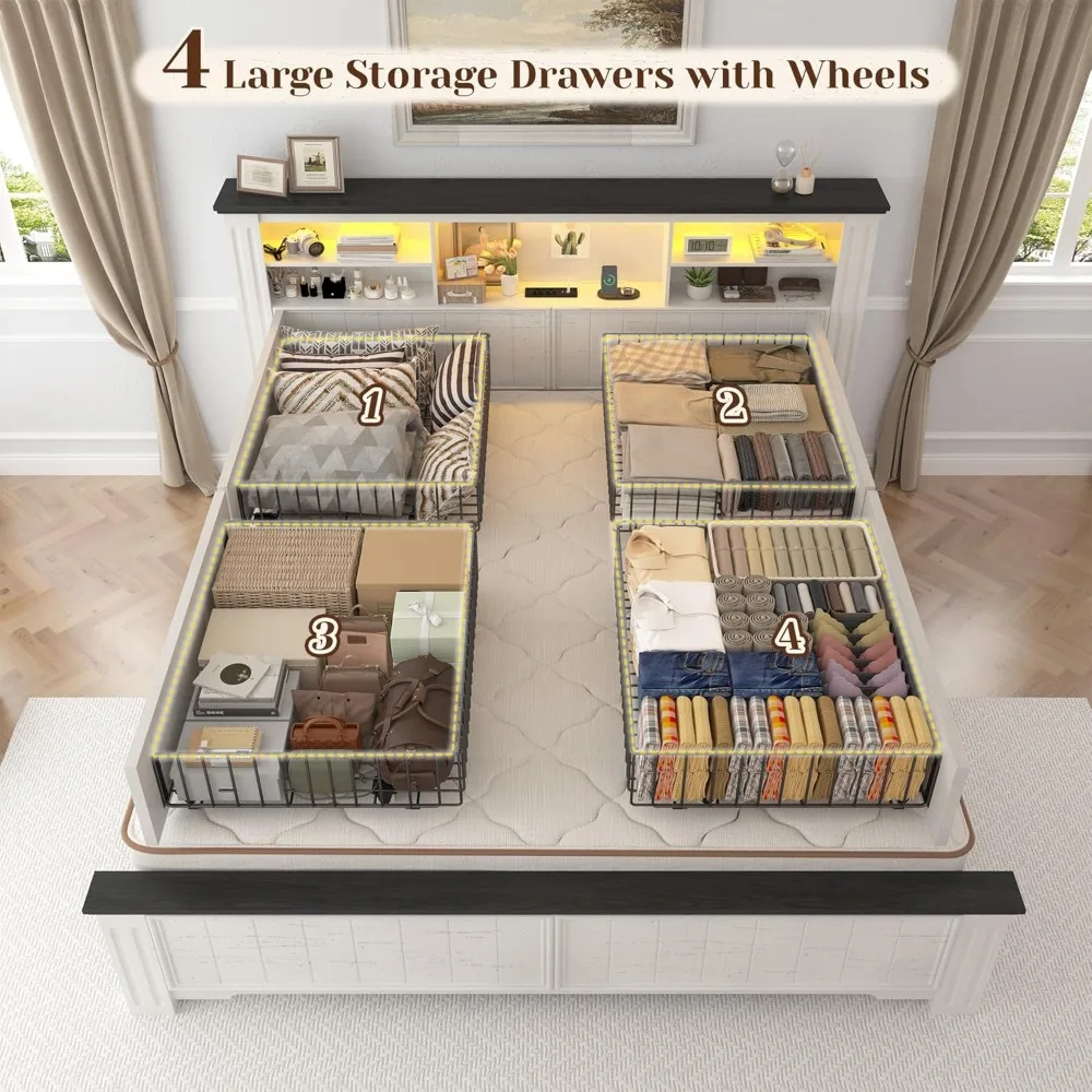 EnHomee Queen Bed Frame with Headboard and Storage, 4 Drawers & LED & USB Bed Frame Queen Size with Storage Farmhouse, Built in 5