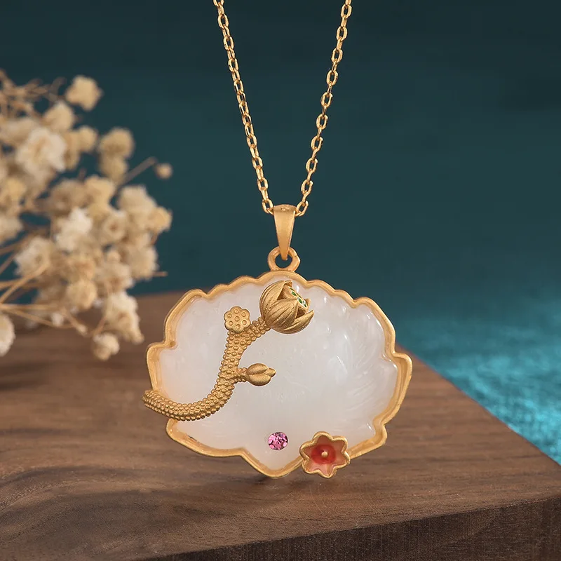 

China Style Classical Cheongsam Hanfu Accessories Necklace Enamel Painted Inlaid Hetian Jade Lotus Pendant Necklaces for Women