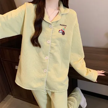 رسالة الكلب Kawaii التطريز ملابس نوم عصرية للنساء Y2K طويلة الأكمام التلبيب الرقبة منامة مجموعة الخريف الشتاء 2 قطعة مجموعة منامة 5