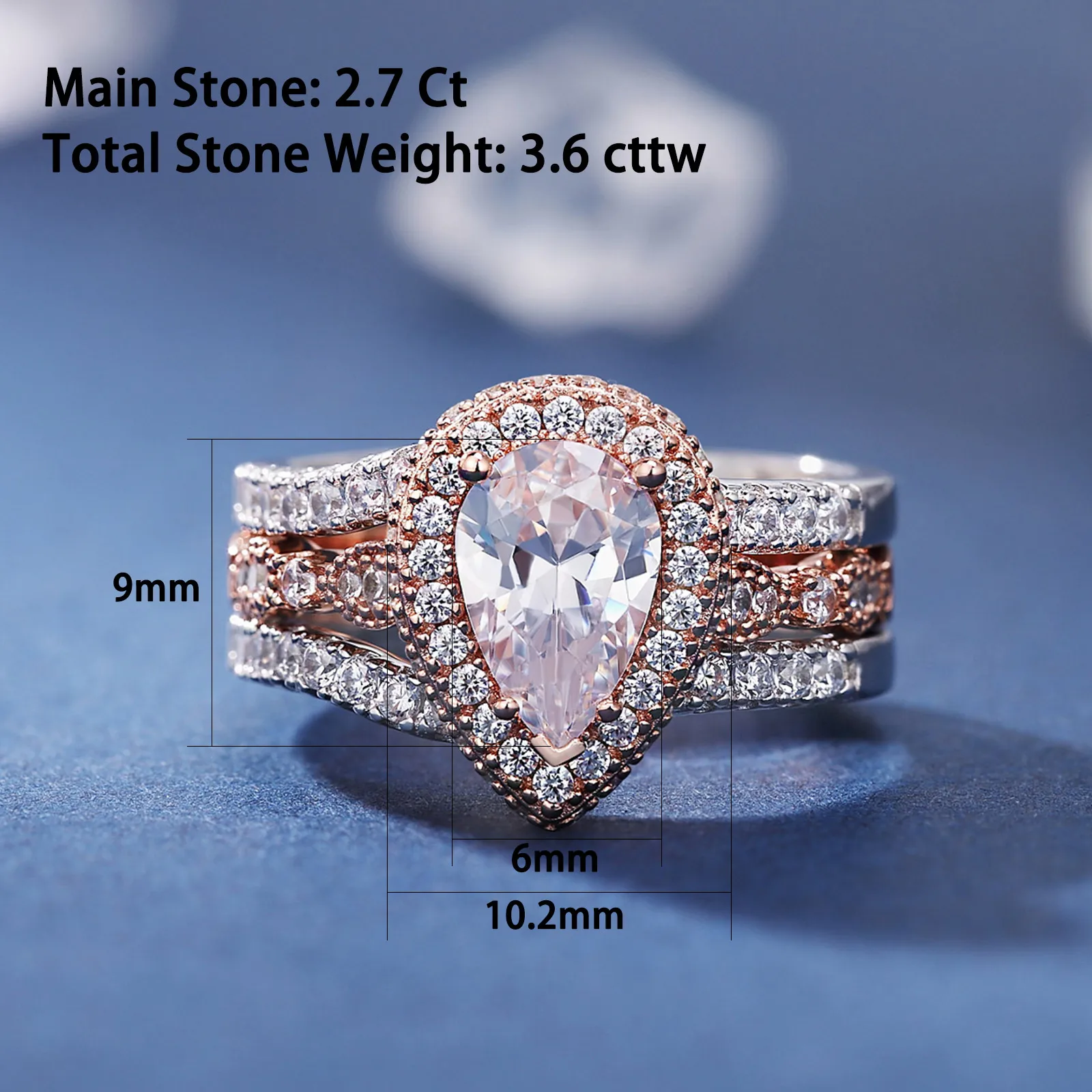 Newshe Yellow & Rose Gold 925 Sterling Silver Pear Shaped Engagement Ring Enhancer Wedding Band Simulated Diamond AAAAA CZ