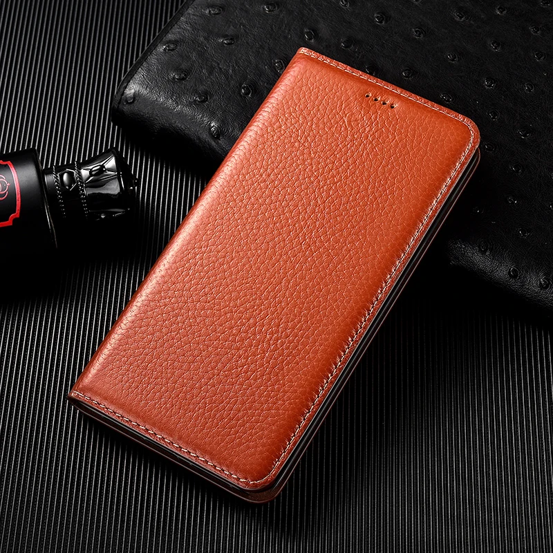 Litchi Pattern Genuine Leather Flip Phone Case - Stylish Protective Cover