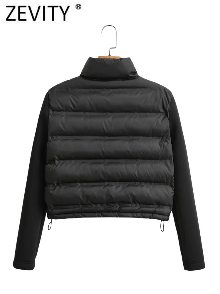 ZEVITY Women Fashion Stand Collar Long Sleeve Patchwork Quilted Cotton Jacket Coat Femme Outerwear Chic Zipper Short Tops CT5817 2