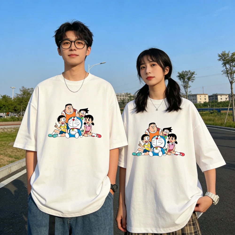 2026 Sommer Doraemon Cartoon Bedrucktes Kurzarm-T-Shirt aus Reiner Baumwolle, Paar-T-Shirts, Klassische Lässige Familien-Partnerlook-Oberteile