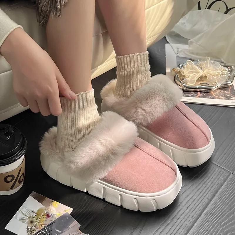 Women Indoor Fluffy Slippers Winter Warm Shoes Soft Faux Fur Thick
