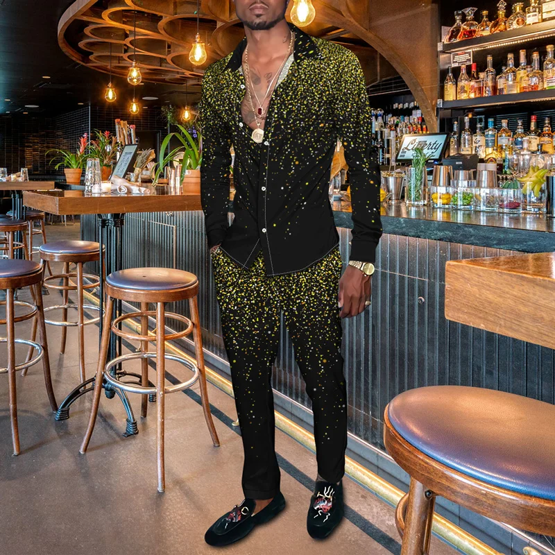 Spring and Autumn Men's Multi color Long sleeved Shirt and Pants Printed Imitation Splash Ink Halo Dyed Flower Shirt+Pants=2