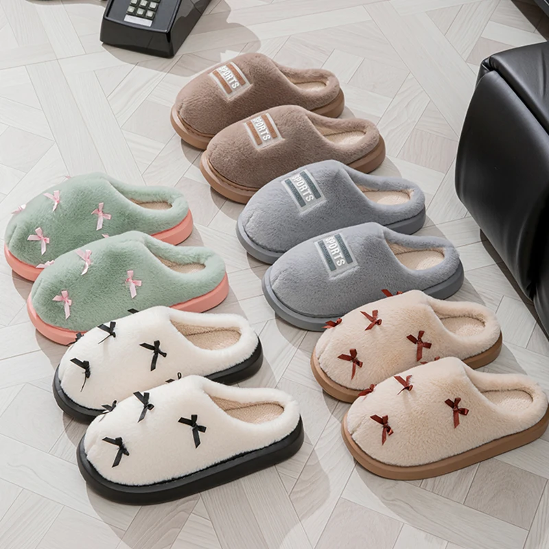 Fashion Bow Decor Fluffy Fur Slippers Women Winter Indoor Thick Bottom Warm Home Slides Woman Anti Slip Plush Couple Slippers