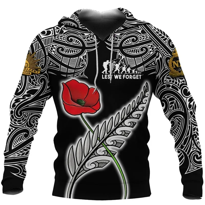 thumbnail image 1 of Sudadera con capucha de Aotearoa, Nueva Zelanda, Poppy Fern Lest We Forget para hombre, moda urbana, jersey, abrigo para mujer y niño, 1 of 4