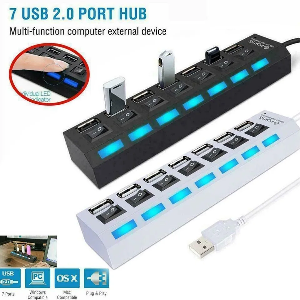 USB-hub | 7-poorts | USB 2.0 | Afzonderlijke voeding - Versie: 2.0 - HighSpeed, Aansluiting 1: USB A male, Aansluiting 2: 7x USB A female, Voeding: Busgevoed/ adapter