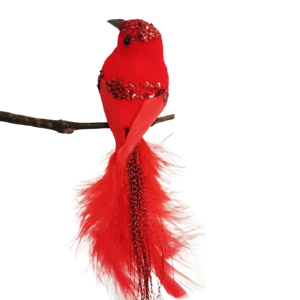 

2Pcs with Glitter Feather Artificial Red Birds Lightweight Foam Simulation Feather Birds Clip-On Imitation Birds Theme Party