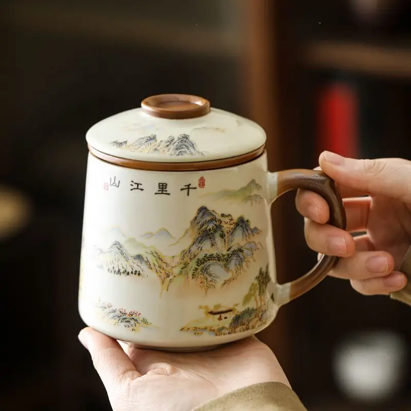 كوب سيراميك من Ru Kiln مع غطاء، كوب فصل الشاي للمنزل، كوب عالي الجودة لصنع الشاي والمكتب، فنجان شاي هدية - التنين الصيني