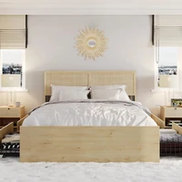 Rattan Queen Size Bed Frame with Wooden Headboard and 4 Storage Drawers, Platform Bed, No Box Spring Needed 1
