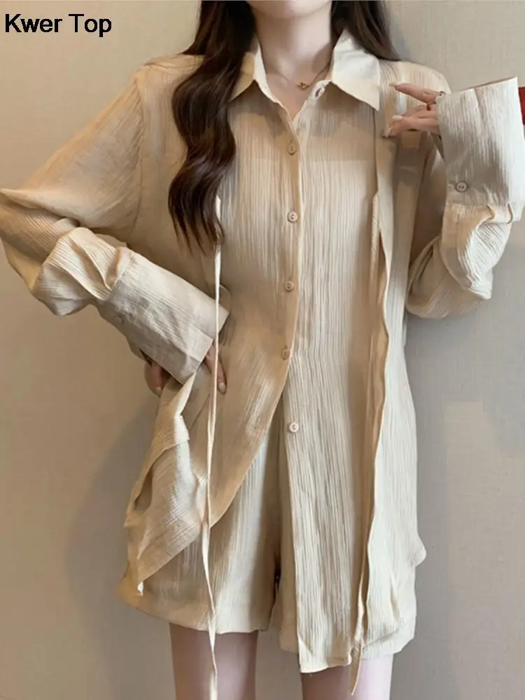 

Женский Повседневный однотонный Костюм-двойка, однобортная Тонкая блузка с высокой талией и шорты в Корейском стиле, праздничная одежда на лето