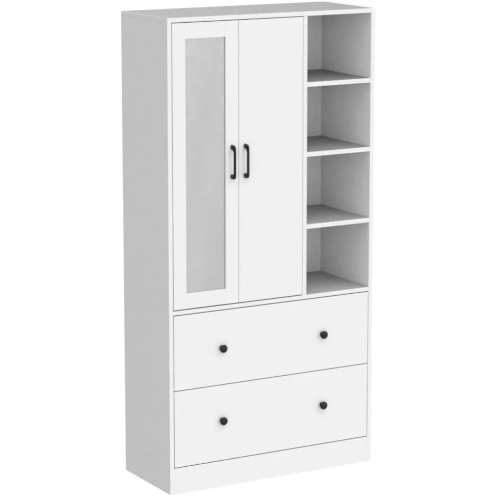 Wooden closet armoire with mirror, 2 doors, 2 drawers, 4 open storage cubes,and hanging rod for bedroom.35.5"L x 15.8"W x 70.8"H 5
