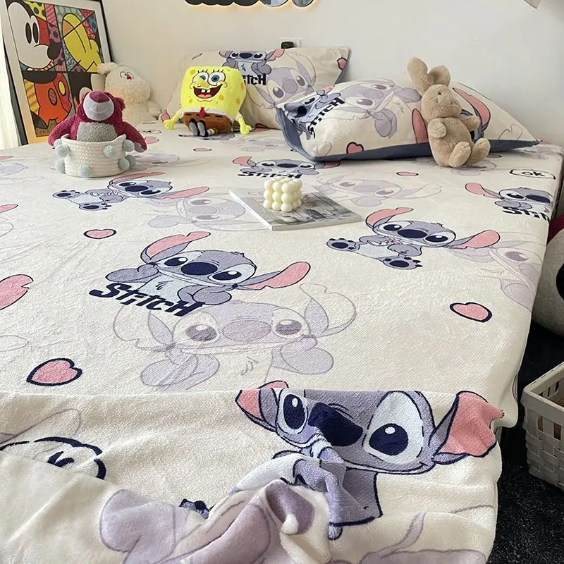 Cute Cartoon Stitch Plush Fuzzy 3 Pcs Bed Sets Winter Thickened Velvet Bed Cover Queen Size Fitted Sheet and 2 Pcs Pilowcases