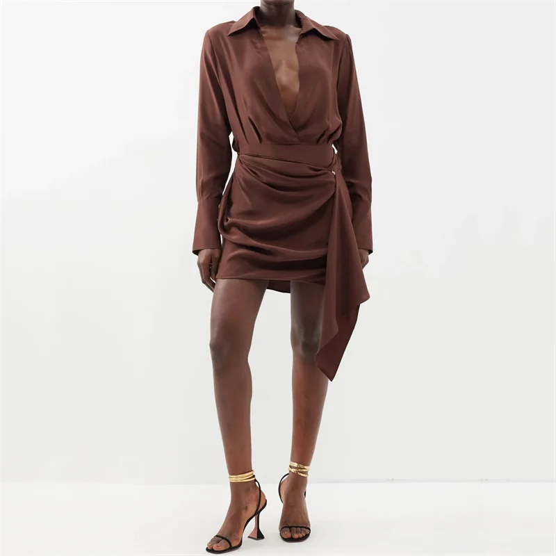 

elegant and pretty women's dresses 2024 Spring New Asymmetric slim long skirt V-neck pleated shirt dress Satin long sleeved top