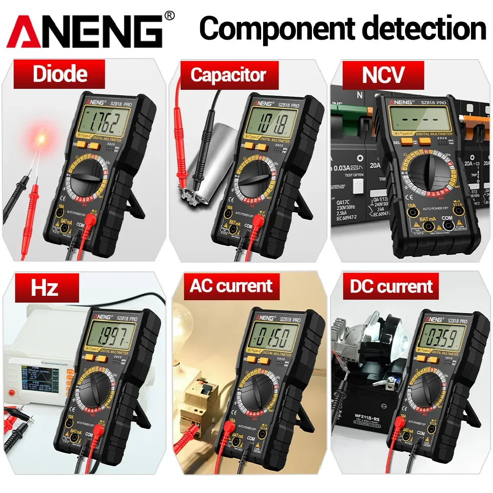ANENG 디지털 멀티미터 충전식 SZ818 전문가용 AC/DC 전압 NCV 전류계 전압계 hFE 삼극관 커패시터 테스트 도구