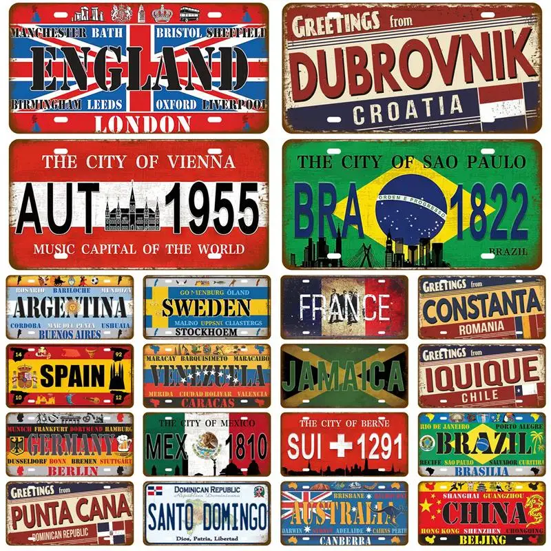 Russia Spain France Germany USA country tin sign metal sign plaque tinplate plate for wall home restaurant craft bar decor, country tin sign