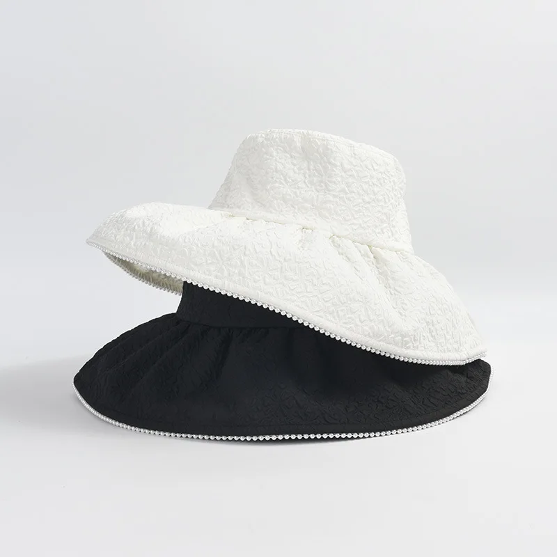 

OMEA Black Bucket Hat Women Summer Floral Lace Beach Hat Holiday Pearl Sun Wide Brim Floppy Hat Girl Cap Elegant Hepburn Style