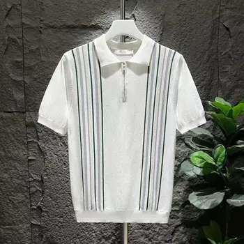 Polo lavorata a maglia Patchwork a righe di lusso da uomo per il tempo libero colletto rovesciato cerniere maglietta a maniche corte maglieria traspirante