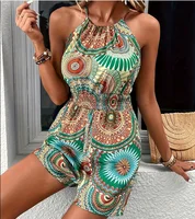 Madala Print Halter Romper Jumpsuit, Vacation Style Sleeveless Jumpsuit For Spring & Summer, Women's Clothing - Image 4
