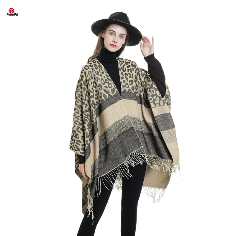 

Fashion Soft Imitate Cashmere Color Contrast Stripes Shawl Leopard Split Cape Long Women Fall Winter Cardigan Wraps Tassels