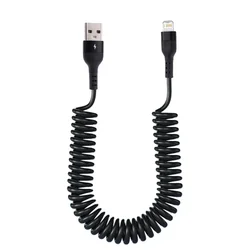High - Speed Spring Stretch Fast Charging USB Cable for iPhone - Enhanced Durability and Data Transfer Quality (Black)