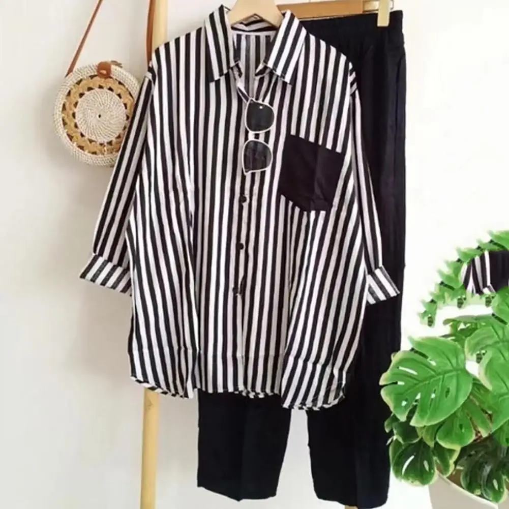 

2Pcs/Set Comfy Stripes Shirt Pants Set Friendly to Skin Tops Trousers Set Stripes Blouse Trousers Suit Spring Clothes