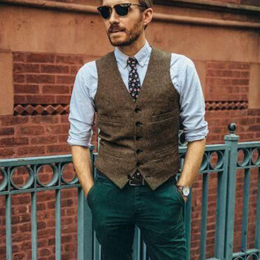 

Men's Wool Single Breasted Vest Punk Fashion Casual Wear Sleeveless Vest Wedding Groomsmen Dress