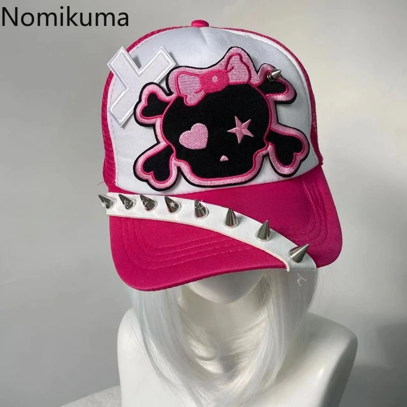 Women's Punk Y2k Hats for Women Harajuku Skull Embroidery