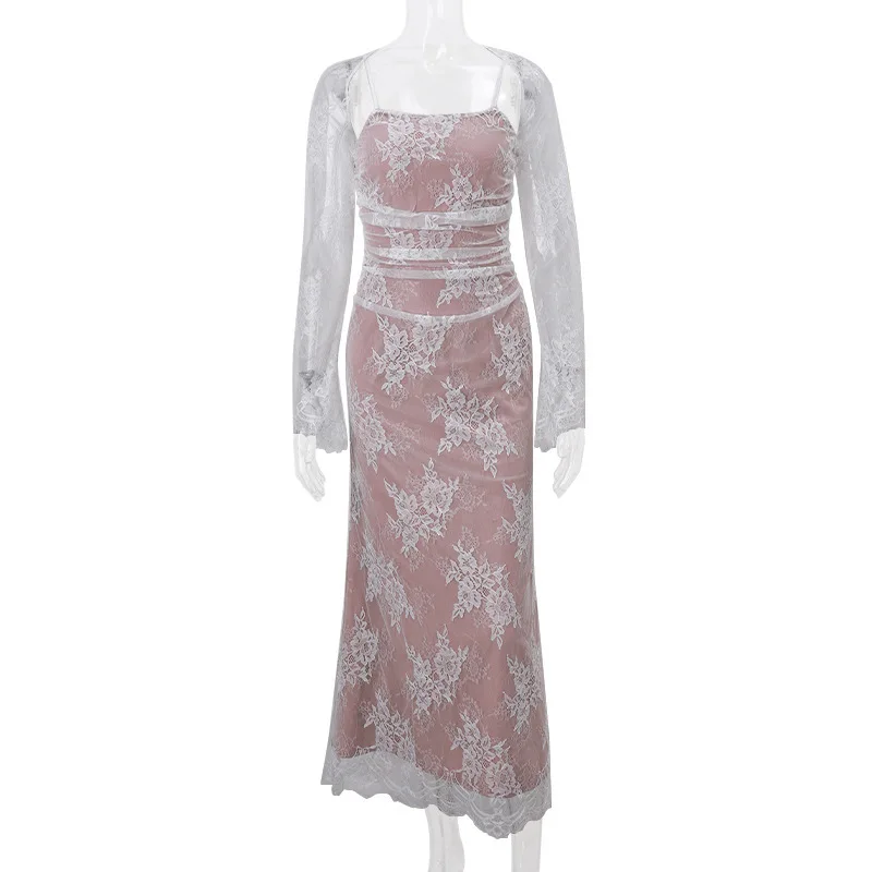 Elegante vestido de noche de fiesta para mujer, de manga larga, con encaje estampado de patchwork, sexy, para otoño e invierno, nuevo, ajustado con tirantes.