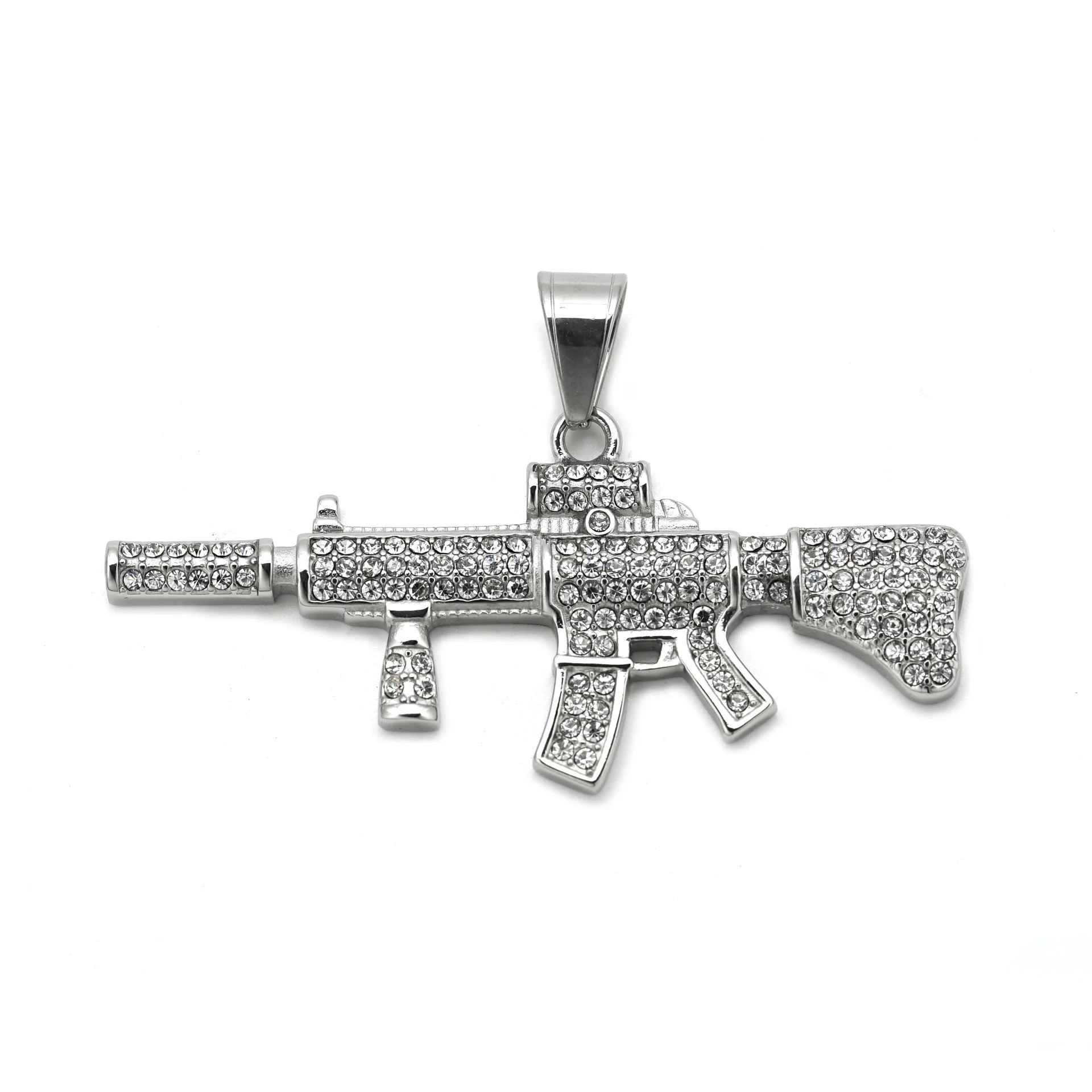 Iced Out AK47 Gun Pendant Rhinestone Stainless Steel Mens Necklace Hiphop Jewelry 5