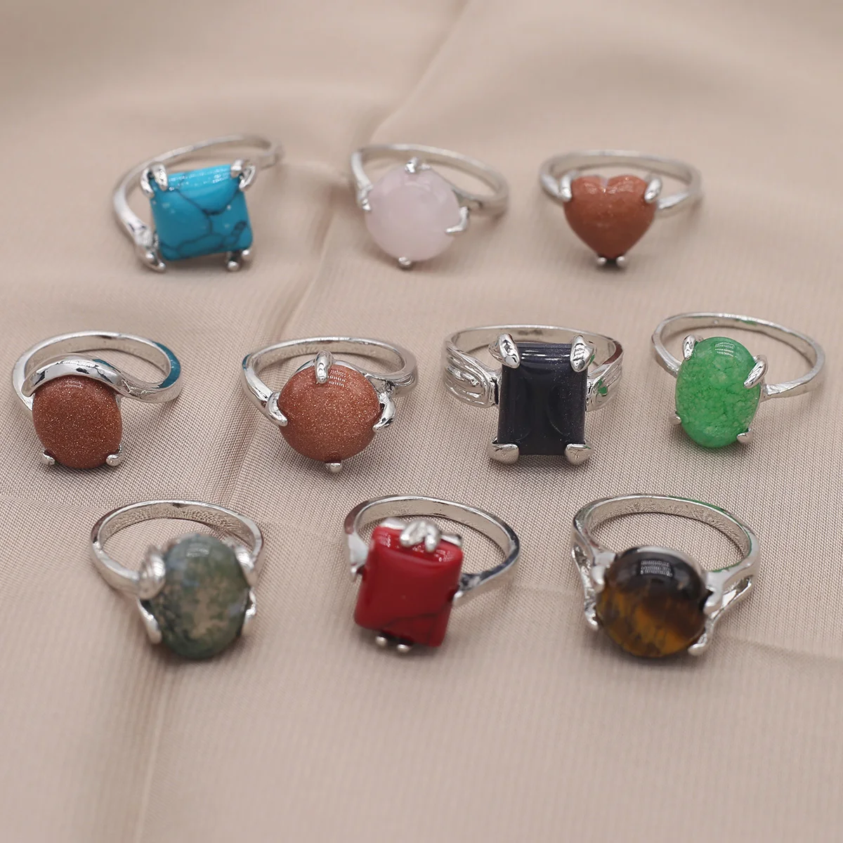 

Mixed Natural Stone Styles Ring Metal Ring 10pieces Charm DIY Making Gift Party Women Men Girl Jewelry Accessories