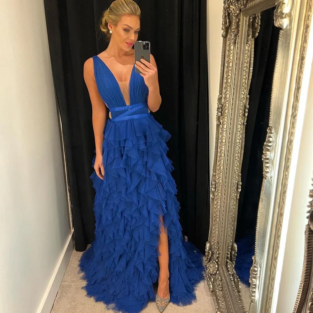 

Xijun Royal Blue Saudi Arabic Tiered Ruffles Tulle Evening Dresses Sleeveless A-Line Pleat Ruched Prom Dress Formal Party Gown