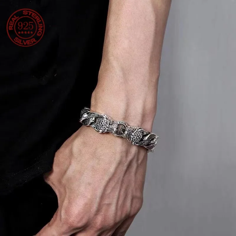 S925 Sterling Silver Dominant Double Leopard Head Men's Bracelet Fashion Punk Trend Personalized Retro Spring Buckle Thick Chain
