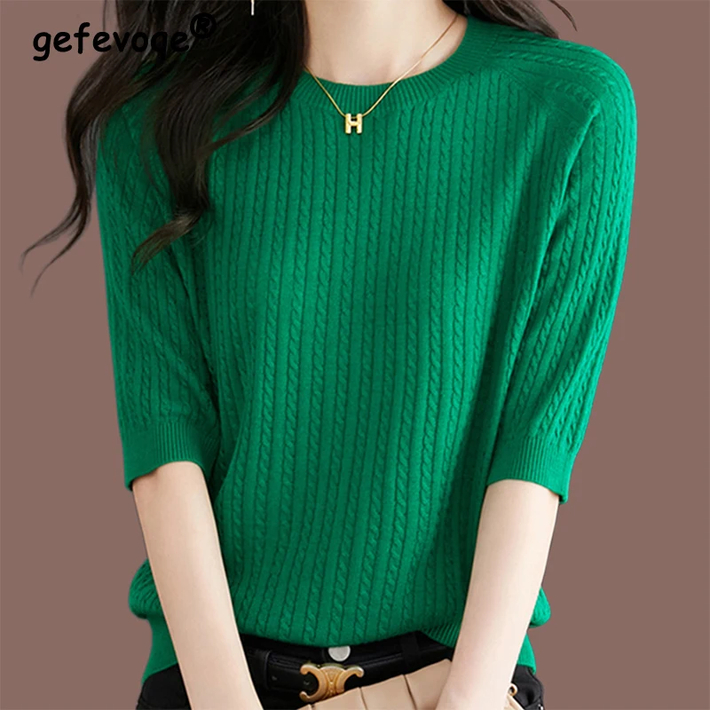 Camilladress Round Neck 3/4 Sleeves Basic Knitting Sweater