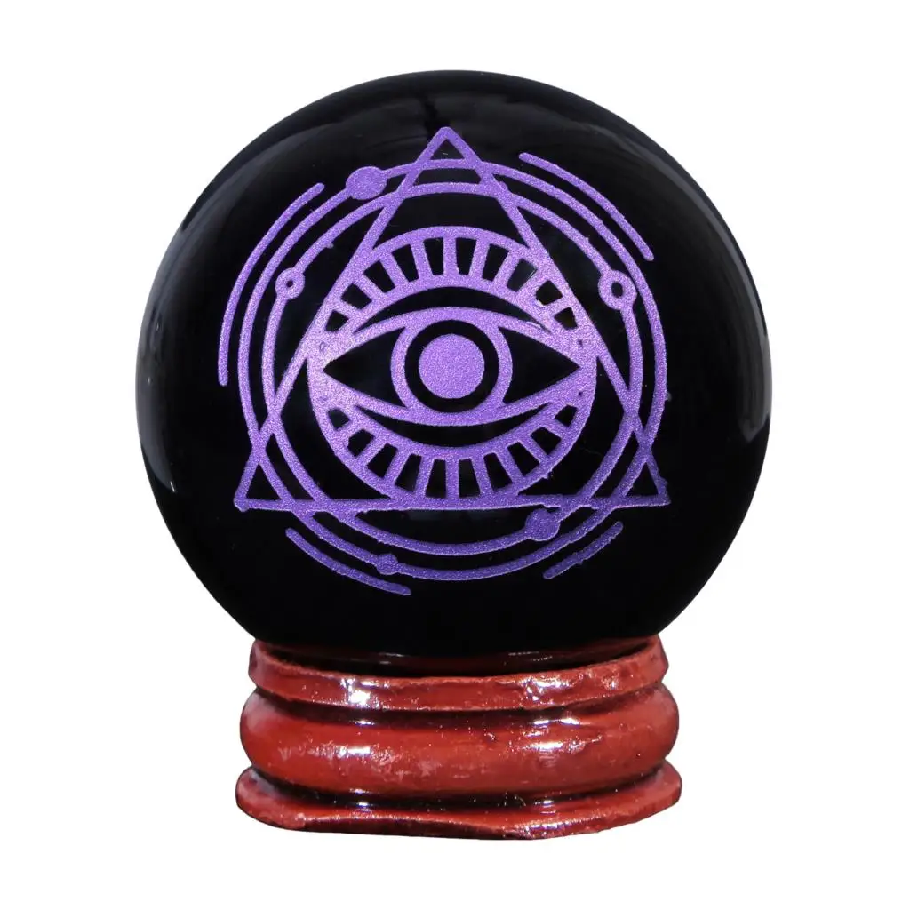 Engraved Moon Phase Lunar Eclipse & Pentacle Crystal Ball With Wooden Stand Black Obsidian Sphere Sculpture For Home Decor