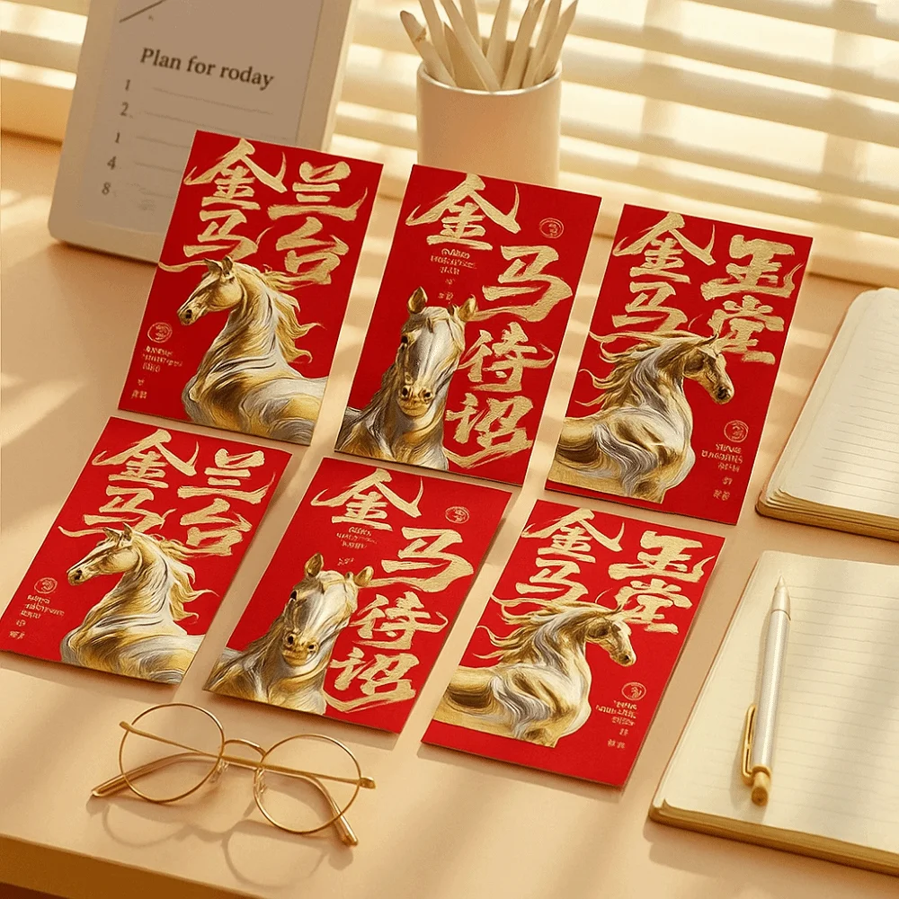 6pcs Chinese 2026 New Year Red Envelope Cartoon Bronzing Horse Year Money Envelope Glitter Frosted Blessing