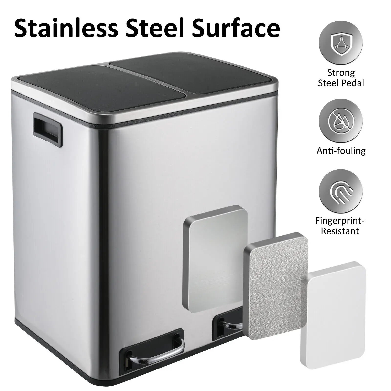 Kitchen Trash Can 2x15L Stainless Steel Dual Compartment Garbage Can, Pedal Recycling Bin, Stay-Open Lid and Soft Closure