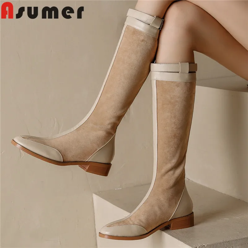 

ASUMER 2024 Size 33-40 New Elegant Flock Knee High Boots Buckle Ladies Zipper Winter Boots Square Med Heels Boots