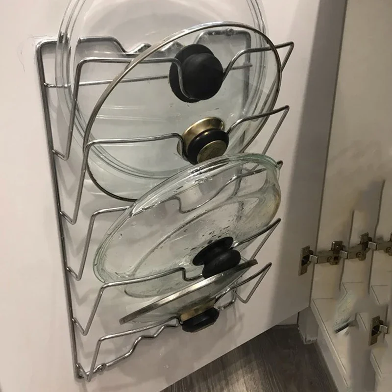 Rack Wall Mounted Kitchen Storage Pot Lid Rack Five Lids Multifunctional Rustproof Metal Electroplating Process Shelf