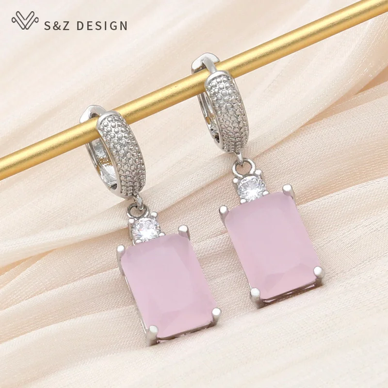 S&Z DESIGN New Fashion Pink Rectangle Crystal Dangle Earrings For Women Wedding Party Jewelry Classic Cubic Zirconia Eardrop
