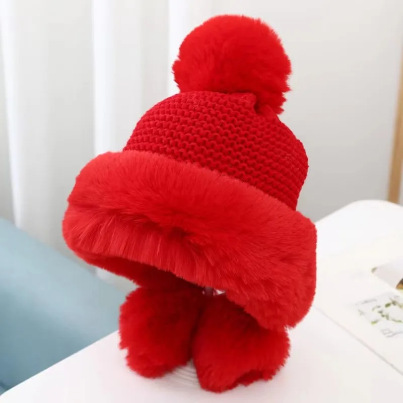 Plush Warm Knitted Hat For Women in Autumn And Winter Cute Fur Ball And Thick Velvet Ear Protection Anti Cold Lei Feng Hat