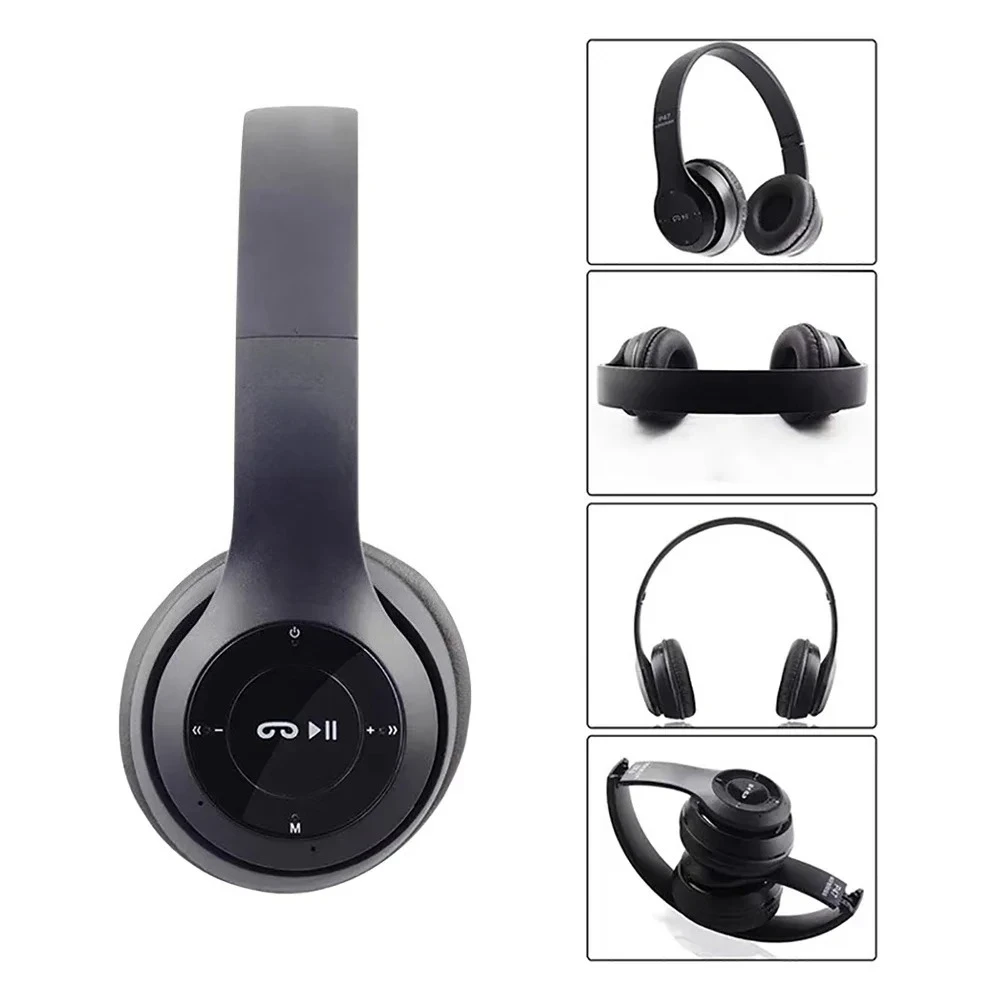 P47 headphones compatible with PC and mobile phones, showing controls.