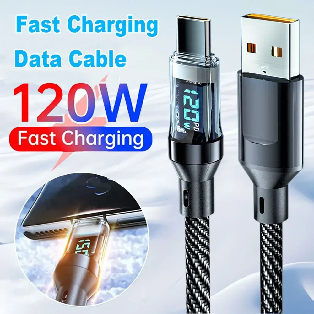 1M/1.5M/2M 120W 6A Quick Charge 3.0 PD To Type C Data Cable with Digital Display Fast Charging USB To Type C Data Cord PD Wires