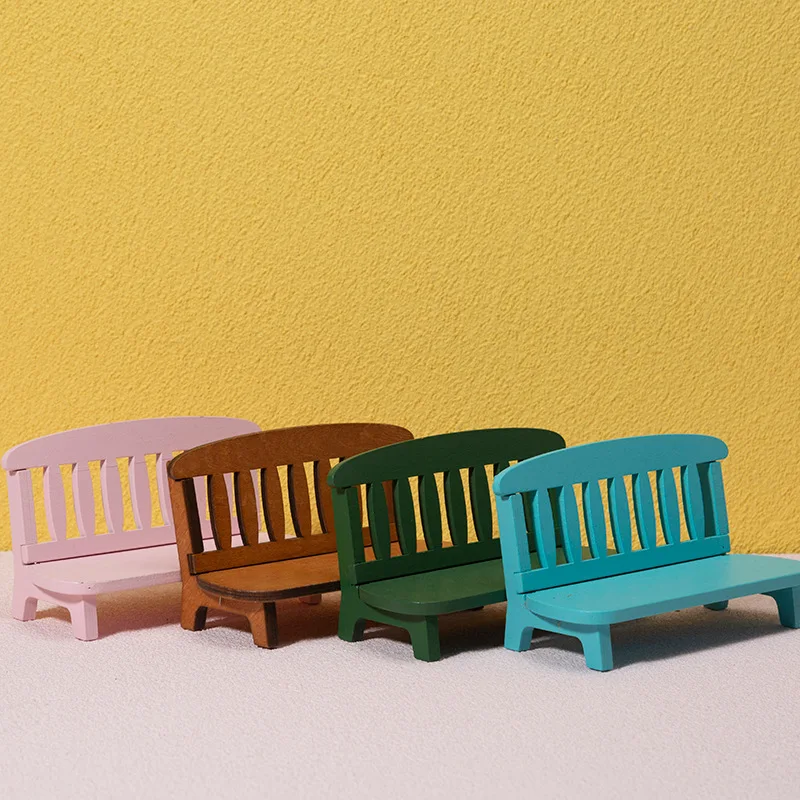 Mini Wooden Garden Bench Miniature Doll House Backrest Bench Ornament Retro Miniature Landscape Garden Bench FurnitureDecoration