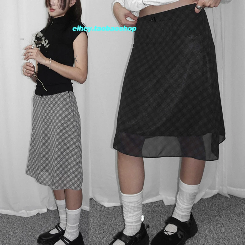 

Vintage Contrast Color Plaid Loose Casual Knee-length Skirt Women 2024 Summer New High-waisted Bow Splicing Mesh A-line Skirt