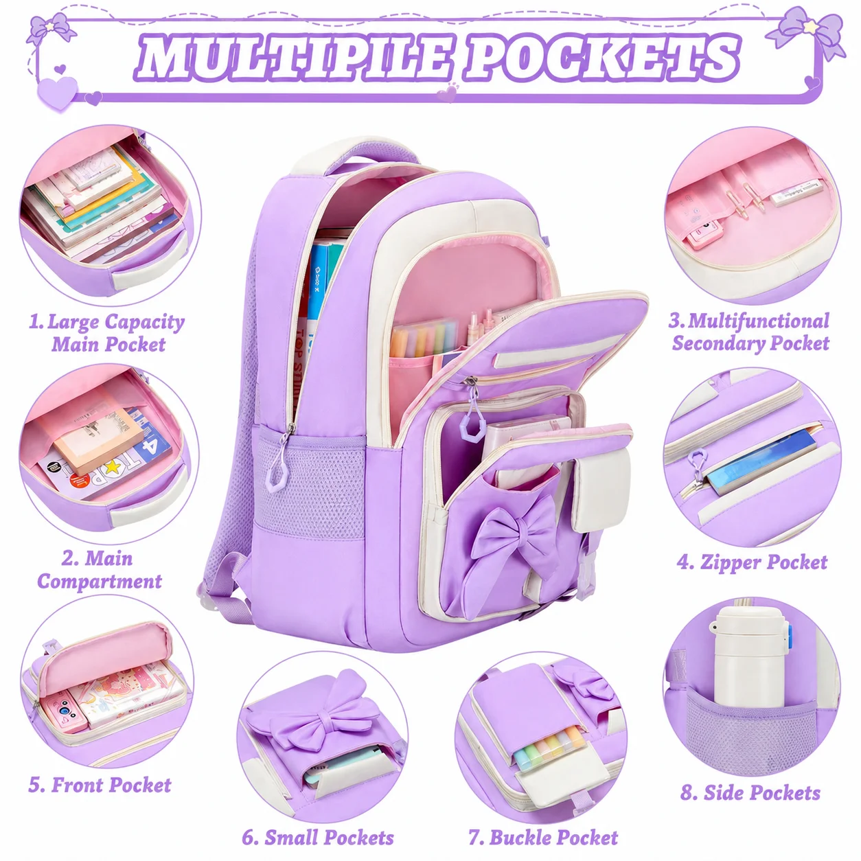 3pcs School Backpack Set Bowknot Cute Bookbag Kit Girls Nylon Multi Pocket Rucksack Pack Kids Lunch Box Pencil Case 2