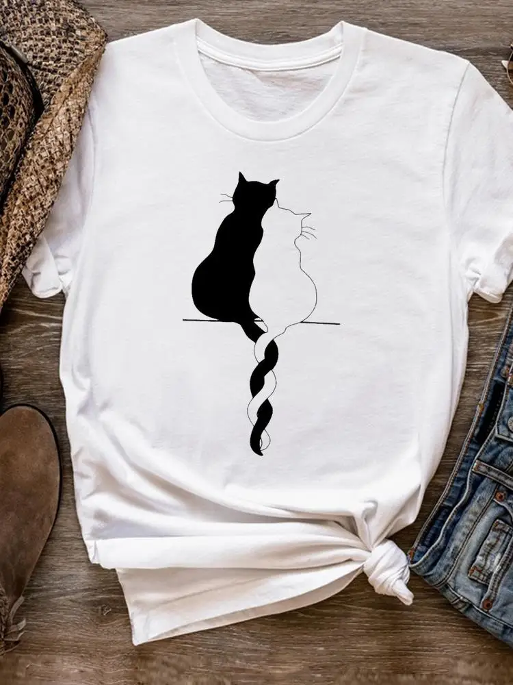 

Cartoon Cat Love Sweet Tee Basic Women Clothes Clothing Print T Shirt Short Sleeve Summer Top Fashion Graphic T-shirt